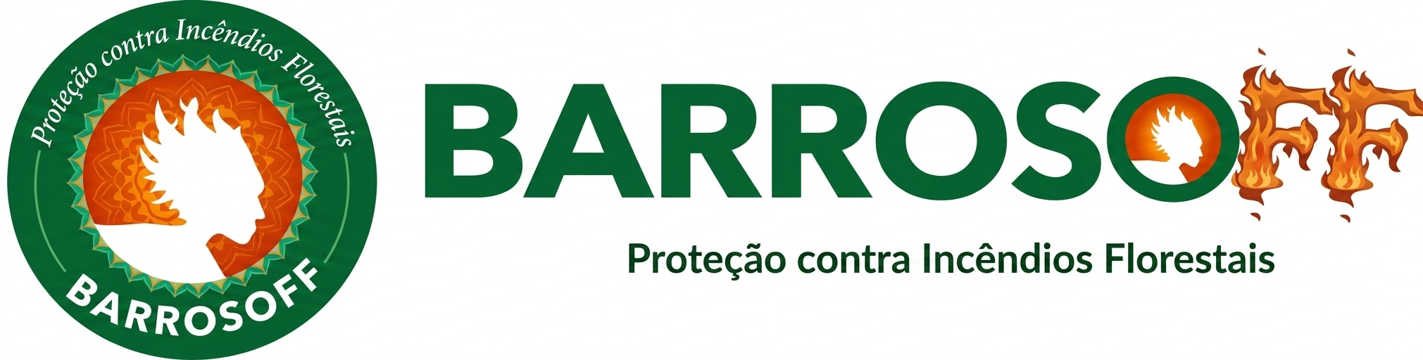 Logotipo completo BARROSOFF com brasão do Curupira e slogan Proteção contra Incêndios Florestais - Fundo Branco Cabeçalho