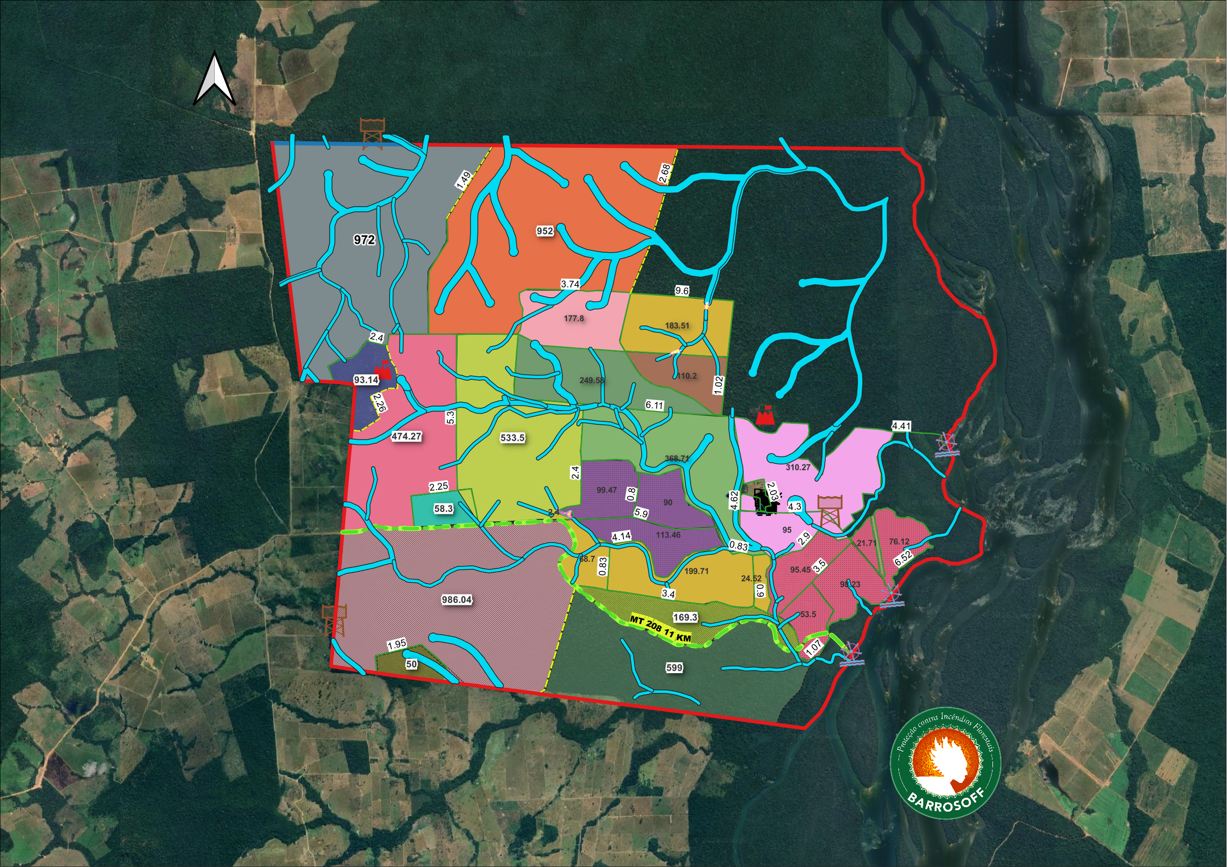 Mapa de geoprocessamento da Barrosoff detalhando o sistema de medidas de segurança, rede hidrográfica e aceiros contra incêndios florestais.